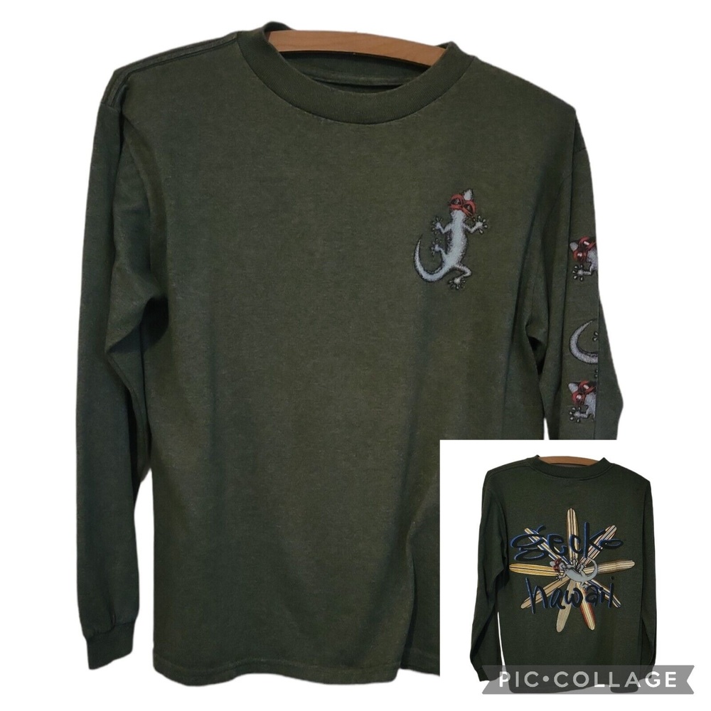 vtg t shirt gecko hawaii surfboards grunge grey long sleeve beach med